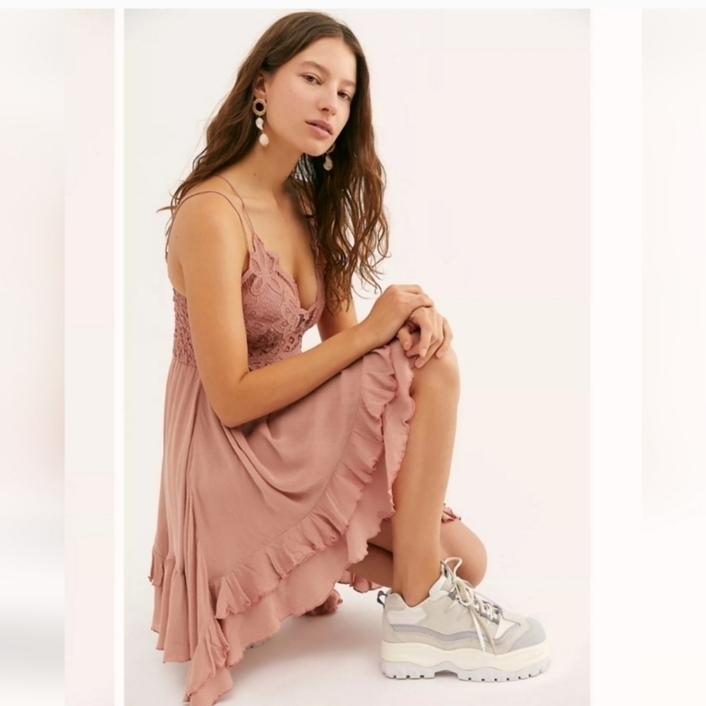 Free People Blush Pink Lace-Trim Ruffle Mini Dress - Picture 2 of 9
